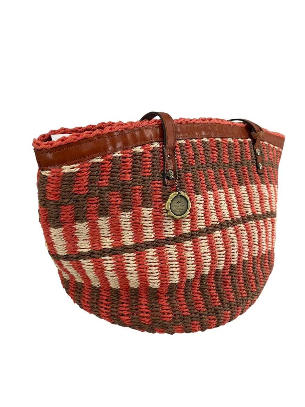 Patricia Nash Red, Brown & Cream Woven Straw Tote with Tassel